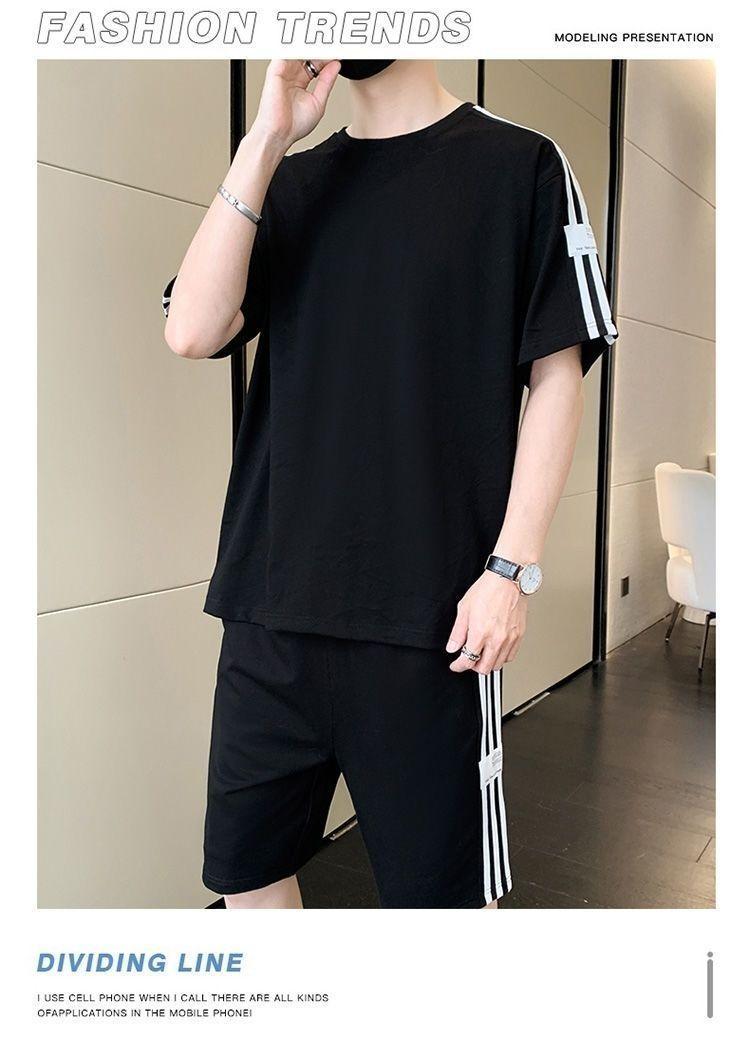 Product Introduction of Summer Men's Fashion Set Trendy Full Set Casual Loose Stylish Shorts Set One Complete Set with Three Stripes Sports 7