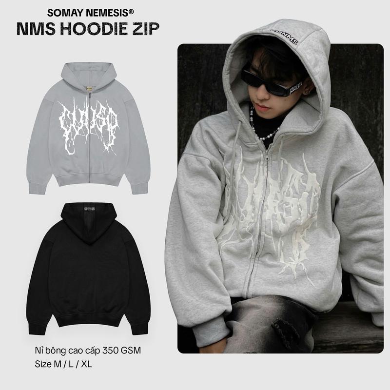 [DEAL MỞ BÁN] Áo khoác hoodie zip dây kéo 2 đầu chất nỉ bông dày dặn thêu nón nam nữ mặc cặp đôi local brand form rộng boxy mũ to mặc thu đông đi nắng unisex hoạ tiết dập nổi xám tiêu và đen menswear SOMAY NEMESIS