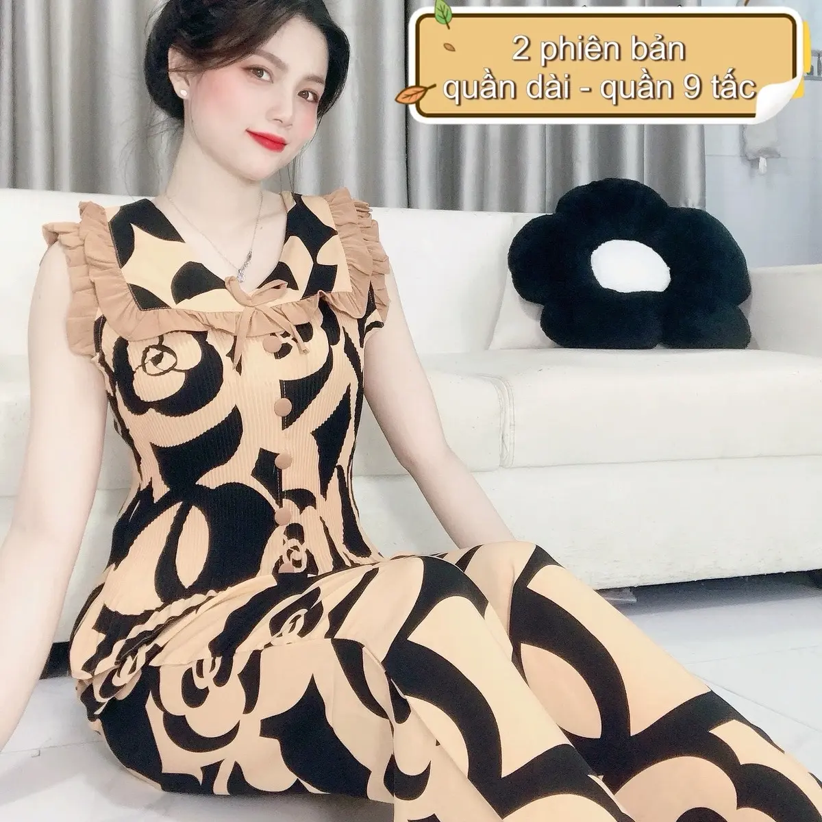 Set Bộ SÁT NÁCH CỔ BÈO VUÔNG Lụa Mango Dập Li Mềm Mịn Mát (Women Top) - Đồ Bộ Mặc Nhà - Áo, Nhung Kem Voi
