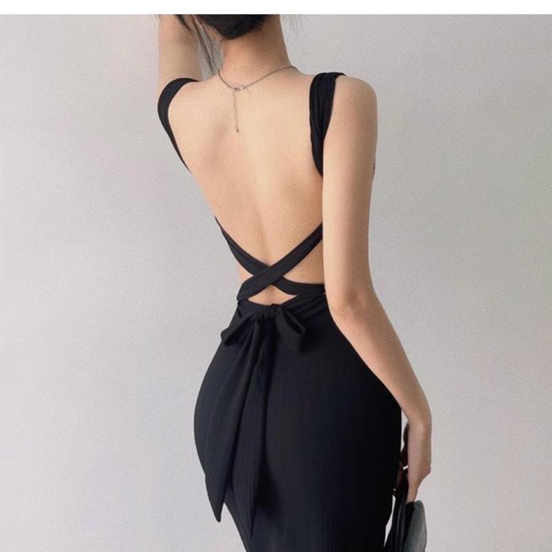 Product Introduction of Elegant back-cropped bodycon dress with waist tie long sleepveless gown for women 5