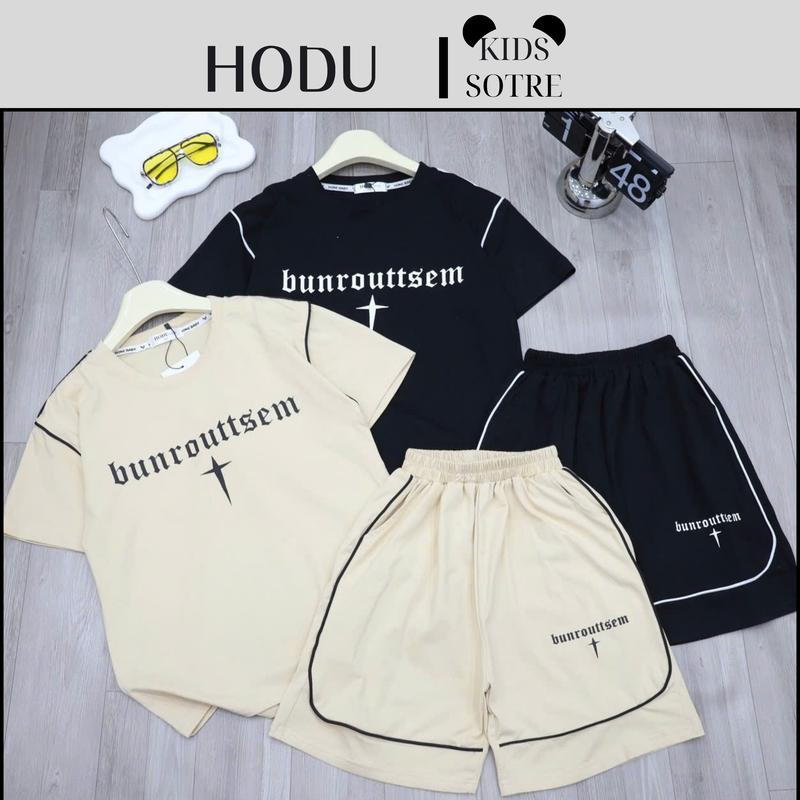 Bộ quần áo cho bé trai (20-55kg) họa tiết viền né/ 2 màu be và đen chất vải cotton co dãn 4 chiều (HODUKIDS)