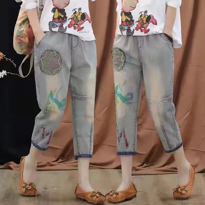 Quần Cropped Xén, Dành Cho Nữ, Bộ Sưu Tập Mùa Hè Mới, Dáng Rộng Rãi Và Ôm Sát, Chất Liệu Denim, Eo Co Giãn, Cạp Cao, Thiết Kế Colorblock Thêu, Dễ Phối Đồ Phong Cách Harem