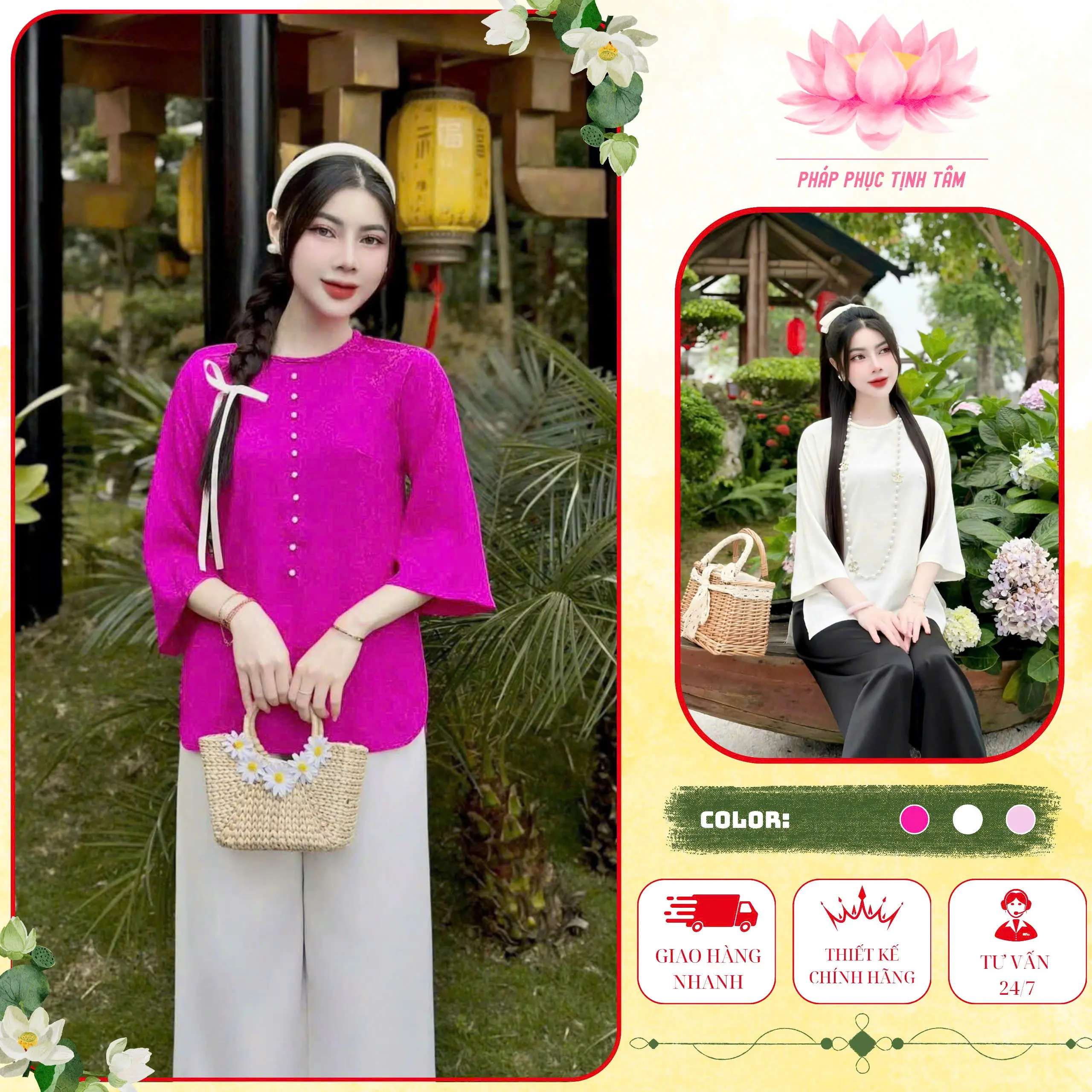 Đồ Lam Đi Chùa Tịnh Tâm, Pháp phục nữ lụa vân hoa cổ tết đính ngọc, Size 40-65kg,4 size S,M,L,XL Women Áo