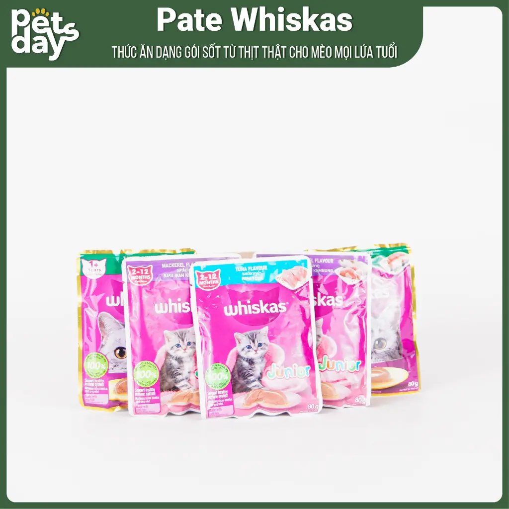 Pate tươi Whiskas 80G - Thức ăn Dạng Gói Sốt Từ Thịt Thật Cho Mèo Con, Mèo Lớn - Petdays