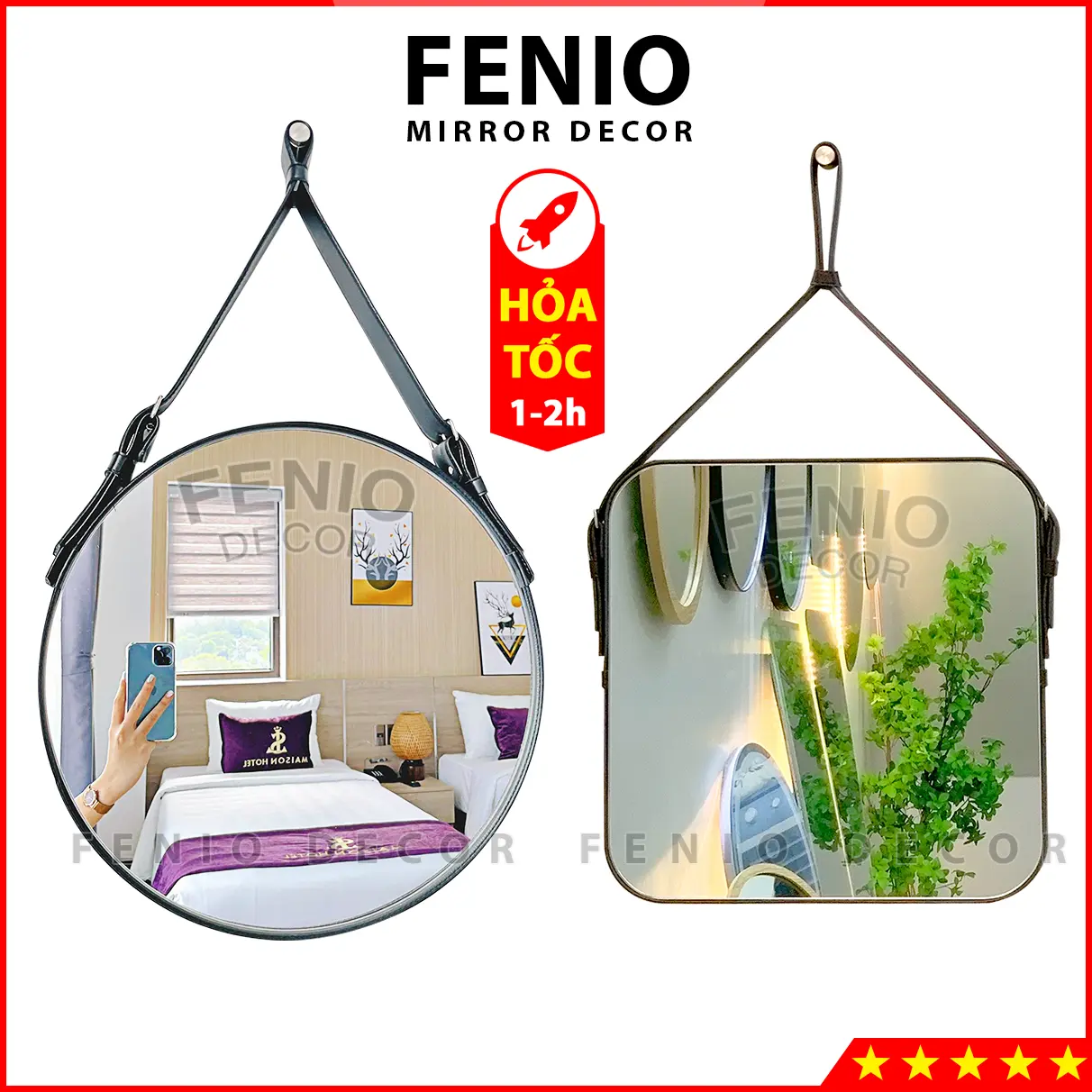 Gương treo tường 40cm Gương tròn viền dây da treo trang điểm - 4 MÀU SẮC đẹp để trang trí decor phòng khách phòng ngủ nhà tắm