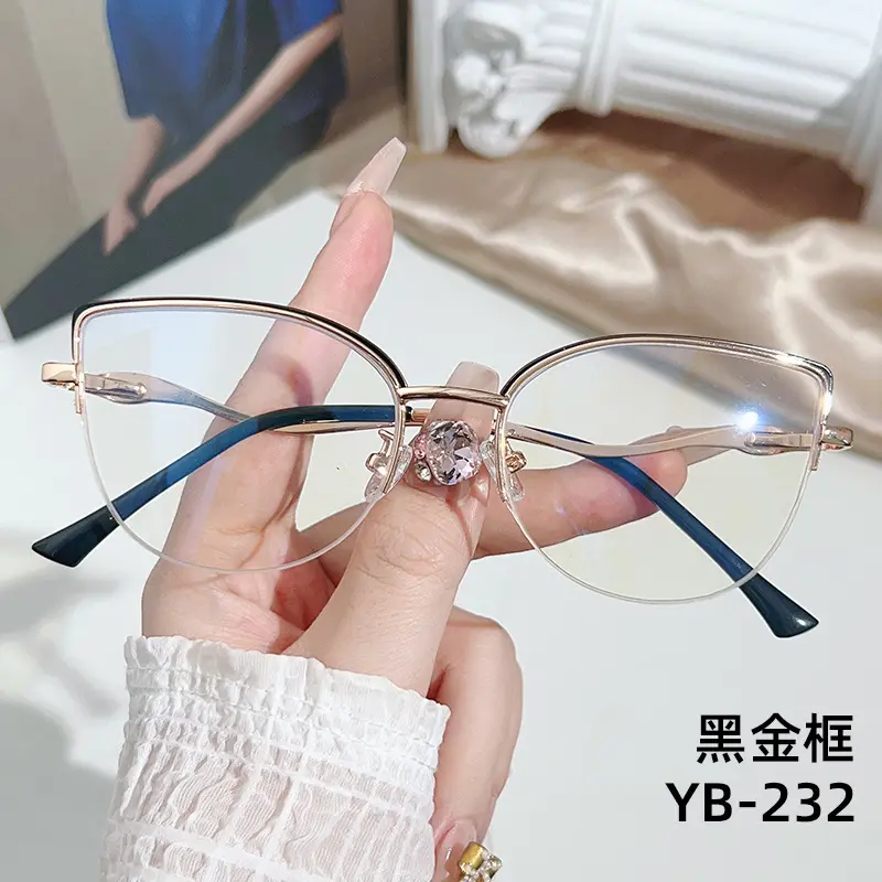 Vintage Metal Round Eyebrow Frame Ultra-light Cat Eye Myopia Glasses Fashionable Internet Celebrity Style Anti-blue Light Half-frame Glasses 6