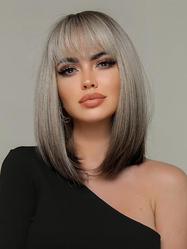 14 Inch Ombre Color Short Bob Wigs for Women, Gorgeous Fluffy Wigs with Bangs, Synthetic Straight Shoulder Length Wigs for Party, Daily Use 3