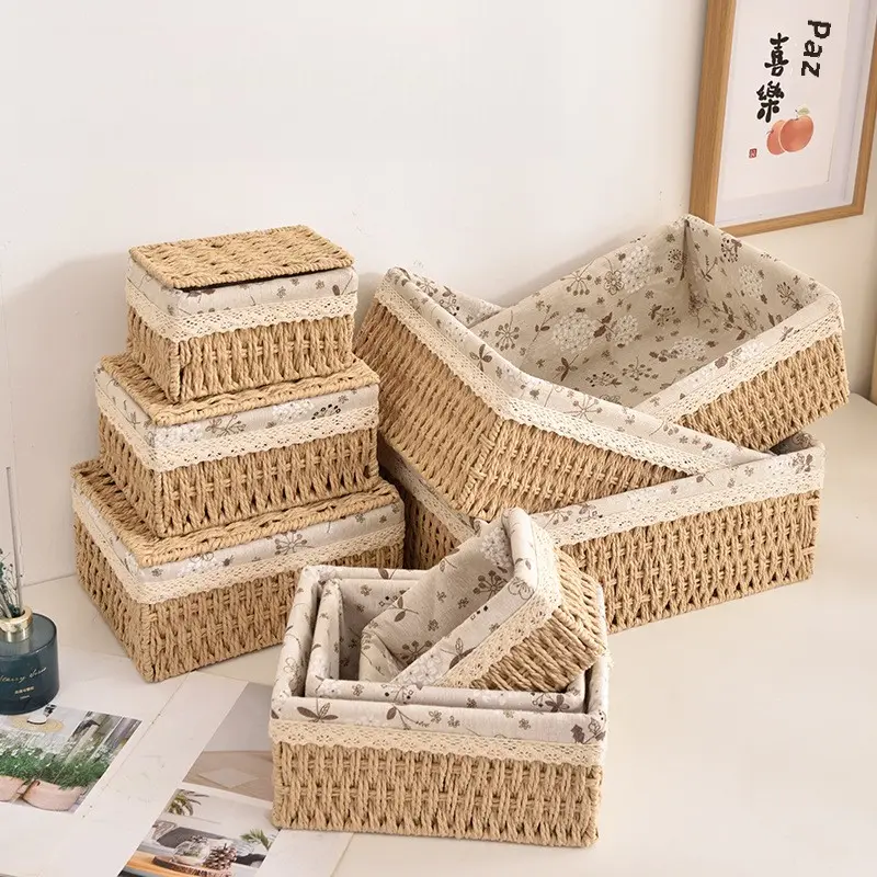 Kotak Penyimpanan Desktop, Tenunan, Seperti Rotan, untuk Serba-serbi dan Makanan Ringan, dengan Penutup, Bakul Penyimpanan, Bahan Jerami, Sesuai untuk Penyimpanan Kosmetik dan Serbaguna thick bathroom