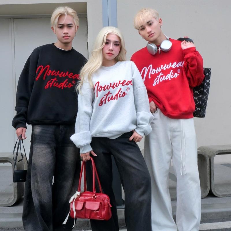 Áo Nỉ Sweater Thêu Xù Ver 2 Nowwear Tay Phồng Form Boxy Chất Nỉ Bông Dày Dặn Nam Nữ Unisex Women Top