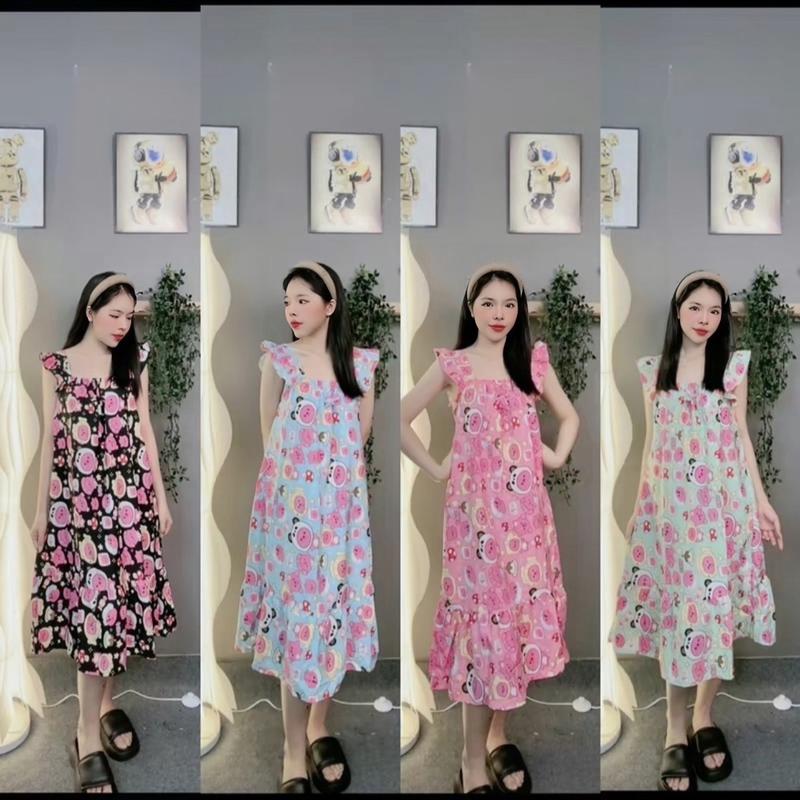 (40-85kg) BIGSIZE Đầm Lụa Hoạ Tiết Gấu, Dễ Thương, Tay Cánh Tiên, Có Nơ, Dành Cho Nữ Dress