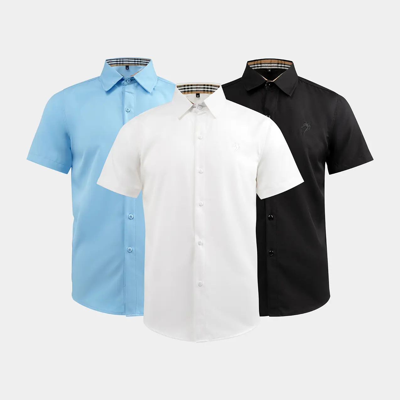 Áo Sơ Mi Nam Tay Ngắn Phối Caro Cổ Thêu Logo Nổi Chất Vải Cotton Lạnh Dày Dặn Co Giãn Nhẹ X3 Màu Đứng Form Menswear Shirt [Beauty Store]
