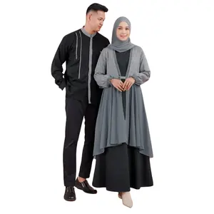 Silmi Sarimbit Couple Pasangan Syari Azzam Azizah Baju Gamis Ibu Koko Polos Lengan Panjang Bahan Katun Toyobo Motif Jaguard Warna Fossil Dress Lebaran