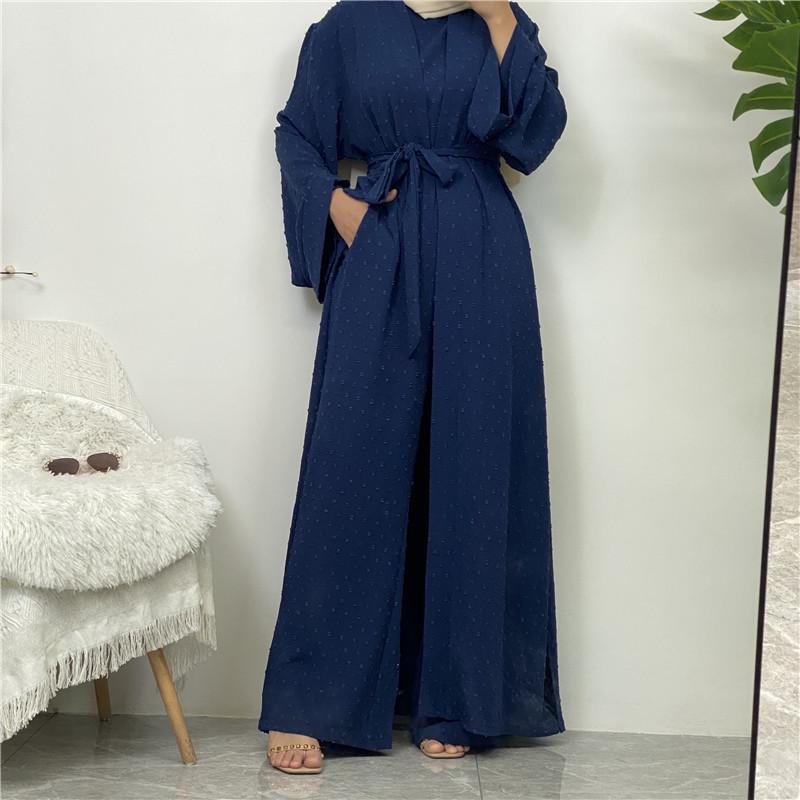 Product Introduction of Robe Three-Piece Set Long Cardigan Sleeveless Top and Pants with Pockets Muslim Islamic Clothing 1958 15