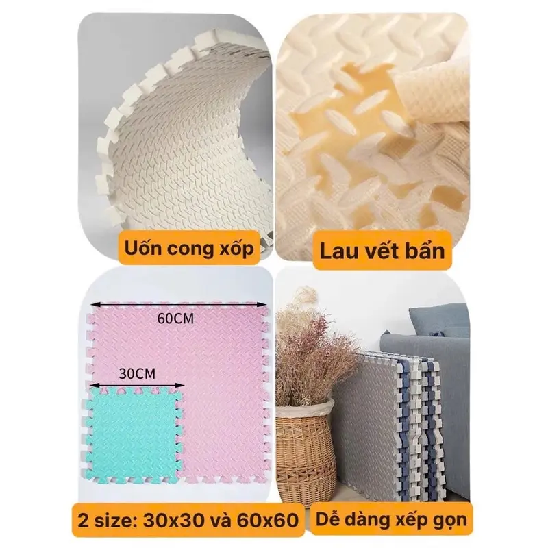 ￼COMBO 8 Tấm, 12 tấm, 20 tấm Thảm Xốp EVA Lót Trải Sàn 30x30cm Cao Cấp Hàng Xuất Khấu, Hoạ tiết Vân khế 1 mặt 2