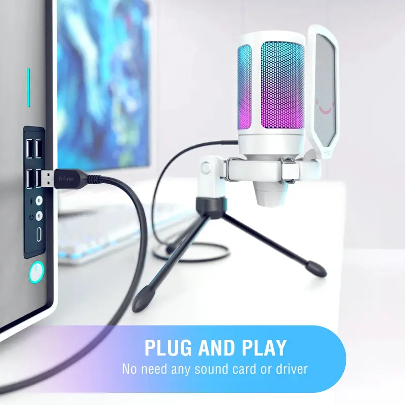 FIFINE AmpliGame A6V USB Microphone with Volume Dial, Mute Button & RGB Mic for Gaming on PC Laptop PS4&5 2
