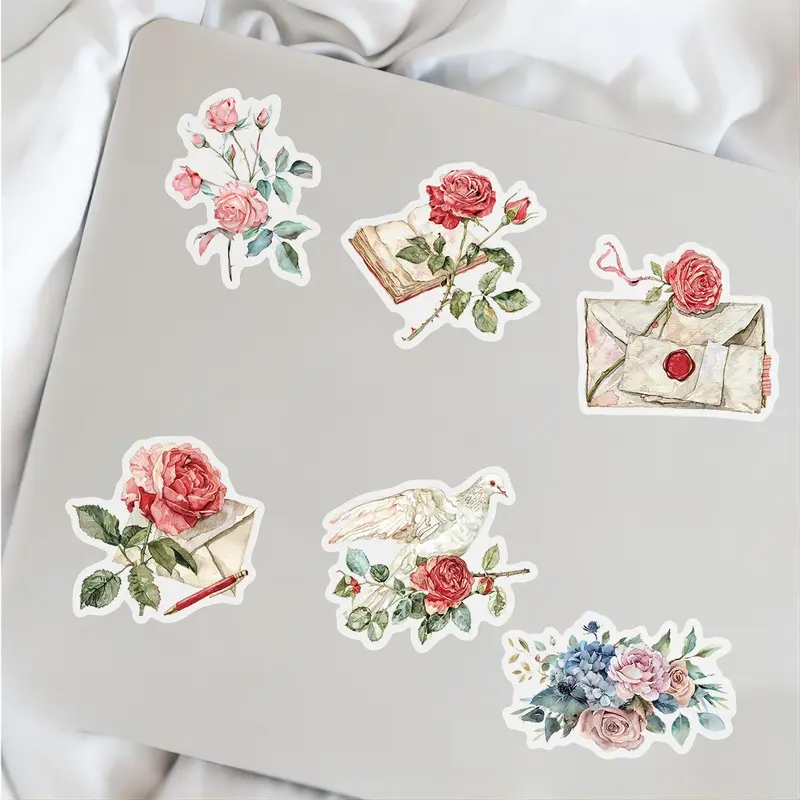 Vintage Rose Flower Scrapbooking Stickers, 50pcs Waterproof Clear Floral Decals for Scrapbook, Journals, Planners, Envelope, Gift Wrapping 6