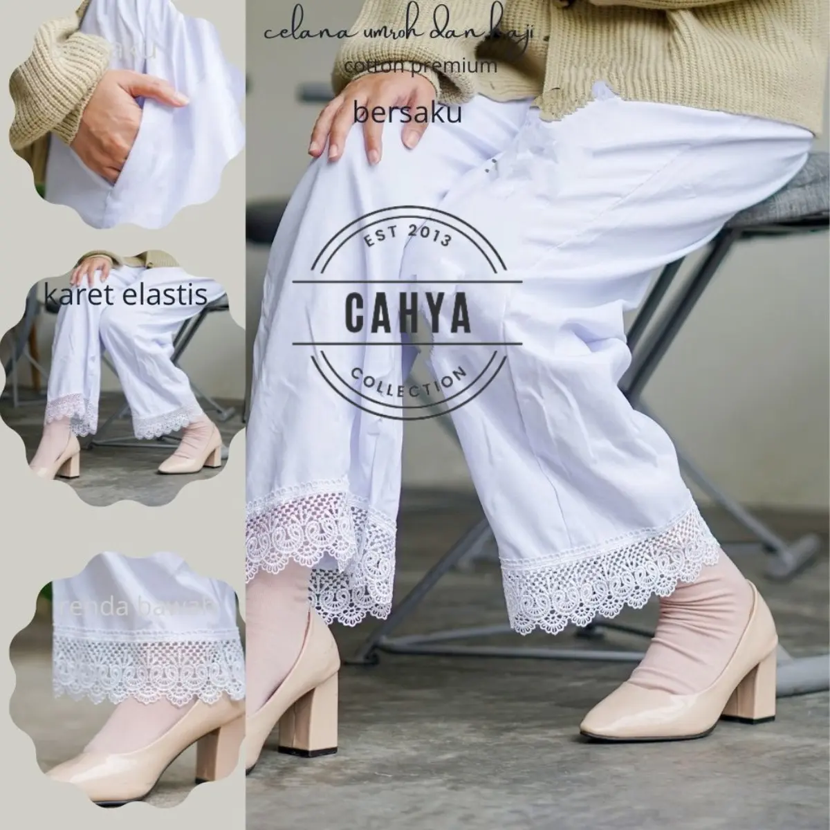 Celana Panjang Umroh Haji Wanita Renda Resleting Celana Ihrom Wanita Putih Dan Hitam Bahan Katun Premium Perlengkapan Umroh Dan Haji Standar Dan Jumbo