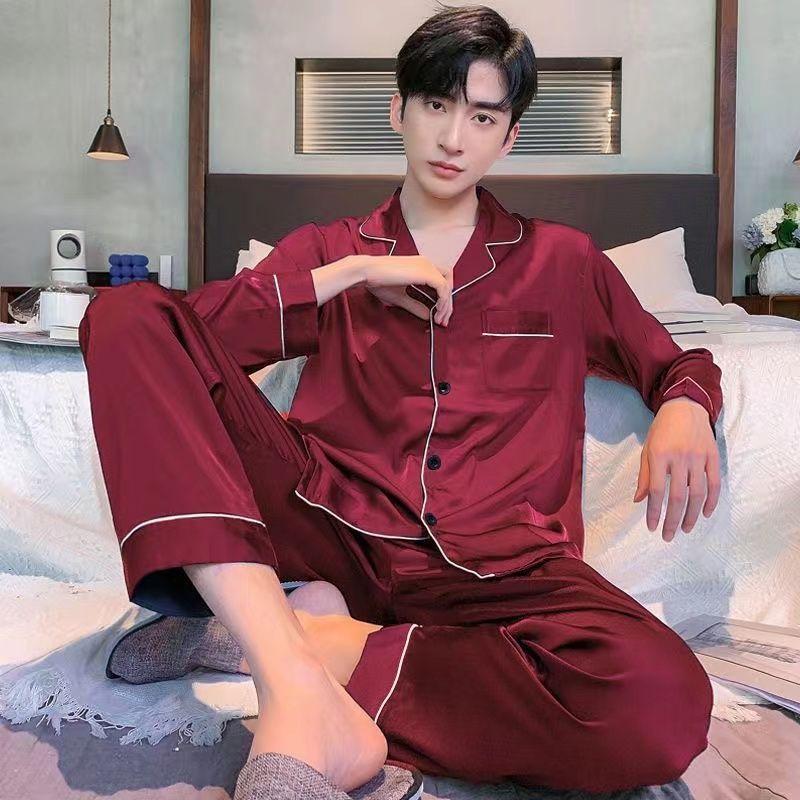 Bộ Đồ Ngủ Nam, Chất Liệu Lụa Lạnh Dài Tay, Mỏng Và Rộng, Ngoại Cỡ, Thích Hợp Cho Mùa Xuân Và Mùa Thu, Mặc Nhà, Bộ Đồ Lụa Thường Ngày Mùa Hè, Có Sẵn Cho Mùa Thu Và Mùa Đông Áo Menswear Nhung 6