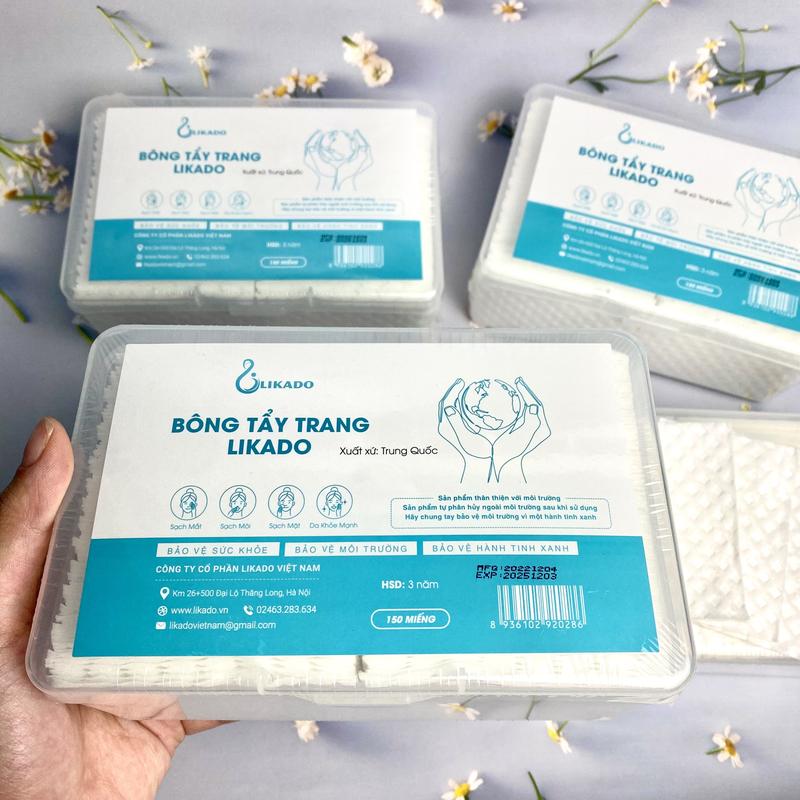  BÔNG TẨY TRANG 150 MIẾNG LIKADO 6 x 8 cm có ô dập nổi CÓ HỘP đựng tiện lợi 