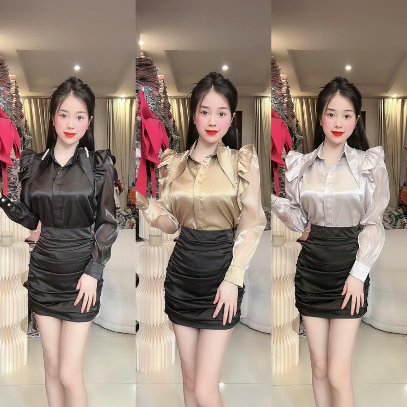 (U52) Áo sơ mi thiết kế phối tơ organza mềm không ngứa tay bèo che bắp tay cổ đính ngọc cách điệu áo kiểu nữ sang chảnh by Thương Lê (U52)