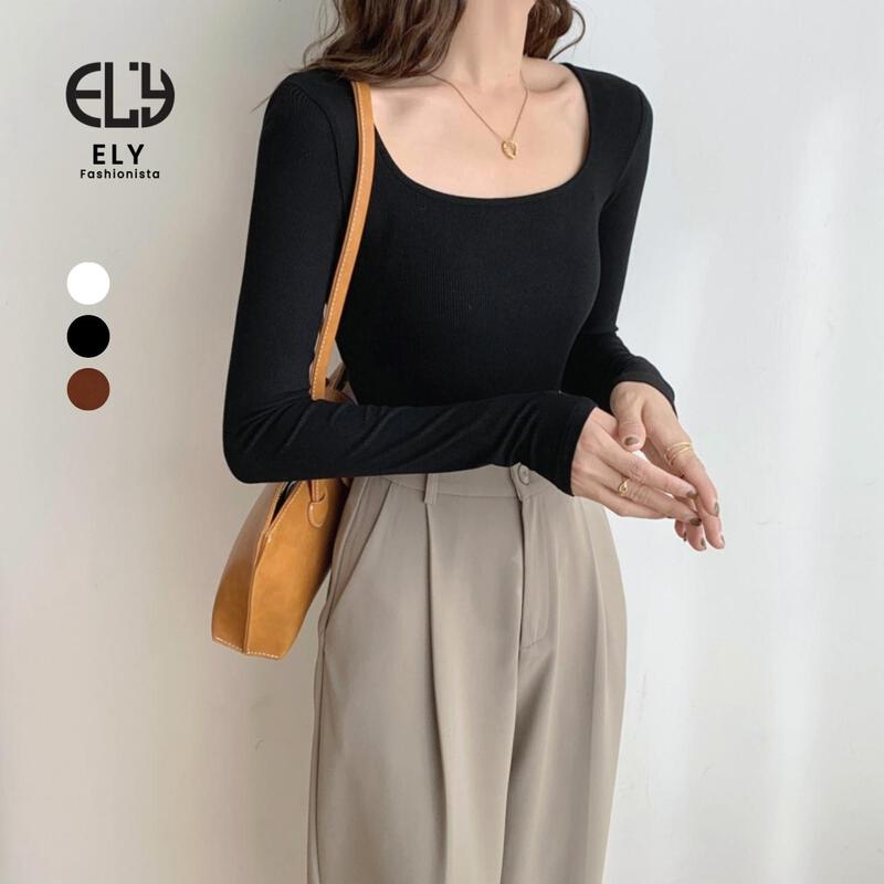 Áo croptop nữ tay dài cổ vuông chất liệu thun cotton đẹp dáng ôm body co giãn tốt, Áo phông nữ baby tee dáng croptop tay dài phong cách thời trang hàn quốc ELY204 Shirt Sơ Mi Women Nhung