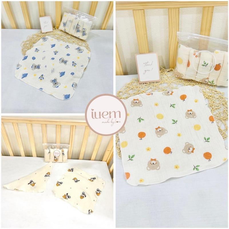iuem  Combo 3 set (tổng 15 cái) khăn sữa xô muslin 2 lớp 1 mặt hoạ tiết cho bé sơ sinh nhà iuem, mềm mát, thấm hút tốt, ko có bụi vải