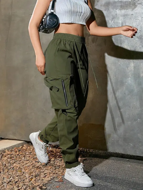 Women's Solid Pocket Drawstring Cargo Pants, Street Fashion Casual Trousers for Daily Wear, Ladies Bottoms for Spring & Fall 2