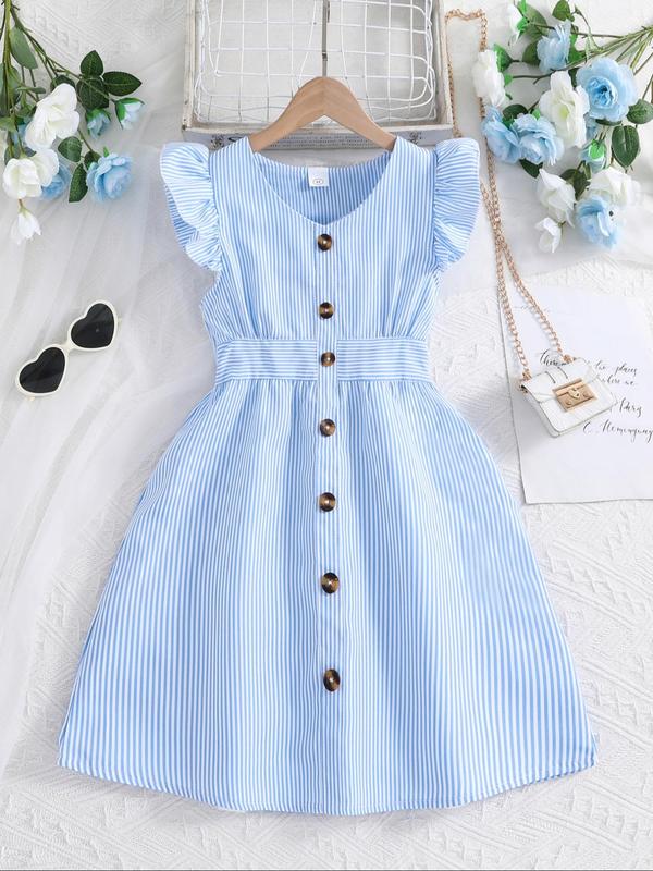Girl's Striped Print Button Decor Ruffle Trim Dress, Casual Short Sleeve Collar Dress for Summer, Kids Clothes for Daily Wear 5