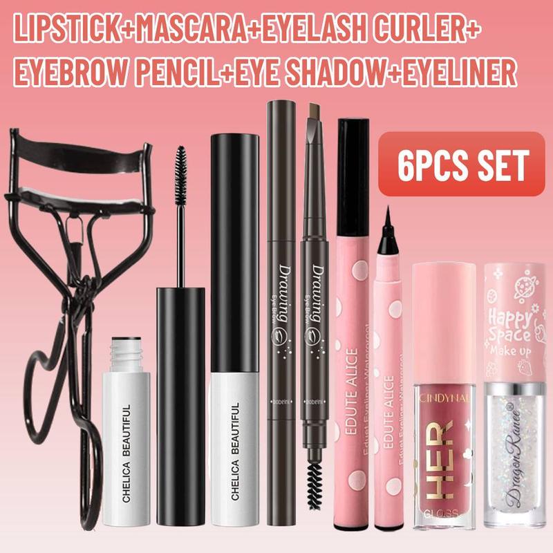 Bộ Trang Điểm Son Bóng Màu Nước, Mascara Màu Đen Không Thấm Nước, Dụng Cụ Uốn Lông Mi, Bút Kẻ Mắt Dạng Lỏng Màu Đen, Chì Kẻ Mày Cà Phê Đậm, Phấn Mắt Kim Cương Vỡ, 6 Miếng