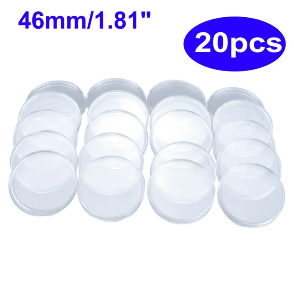 20PCS 46mm Plastic Coin Holder Capsule Storage Case Display Box+5 Sizes Pad Ring Light Organiser