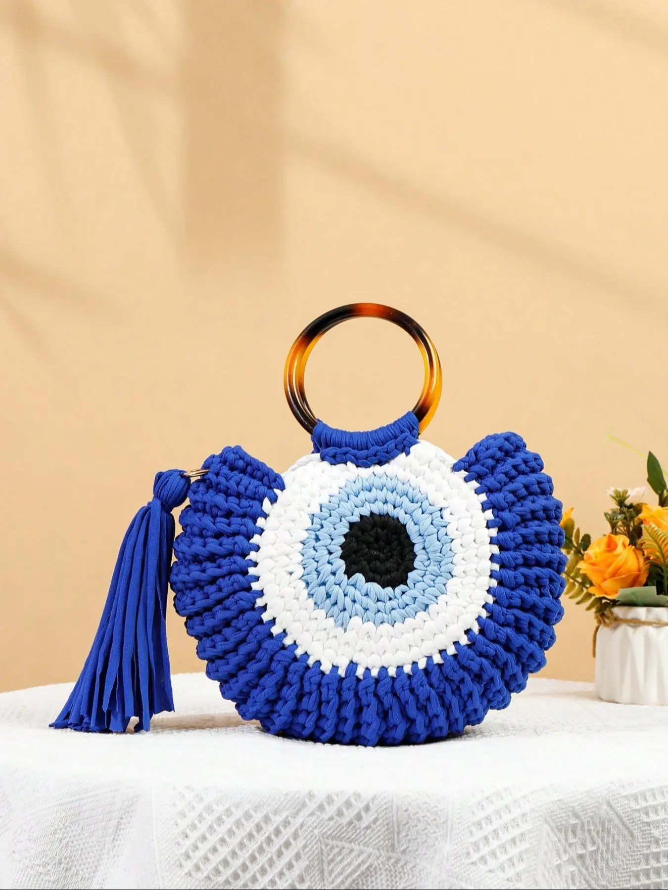 Boho Style Colorblock Braided Handbag, 2025 New Style Large Capacity Eye Design Handbag, Casual Vacation Beach Bag, Fashionable Half Round Bag for Women