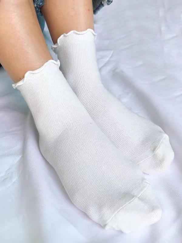 Women's Solid Lettuce Trim Crew Socks, Casual Comfy Breathable Mid-calf Socks for Daily Wear, Multipack Knit Socks for All Seasons 5
