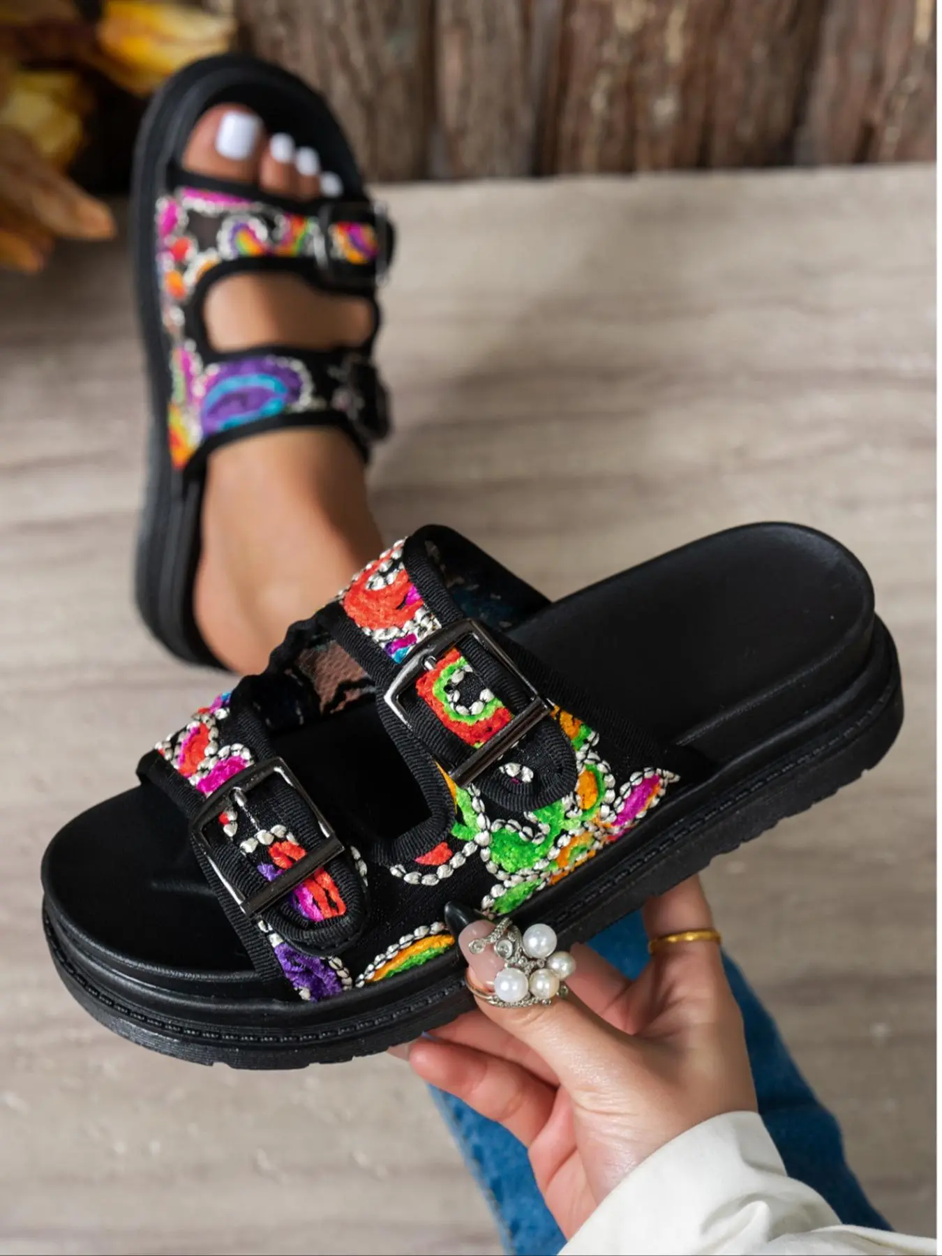Women's Fashionable Slides, Casual Comfortable Double Buckle Design Slides for Summer, Female All-match Slippers for Daily Wear