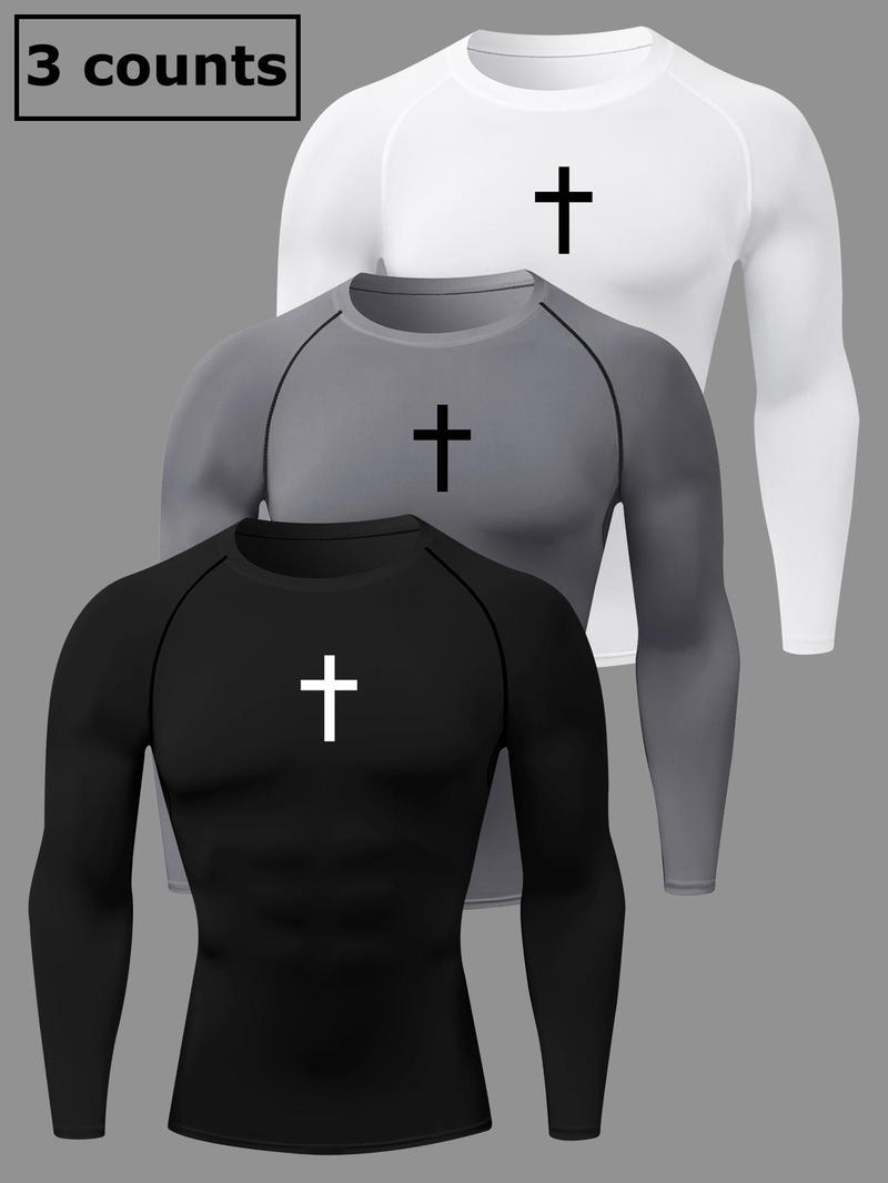 Product Introduction of Men's Cross Print Round Neck Sports Tee, Tight Sporty Quick Drying Breathable Long Sleeve T-shirt, Men's Sportswear for Spring & Fall Gym Workout, Graphic Tees, Workout Clothes 14