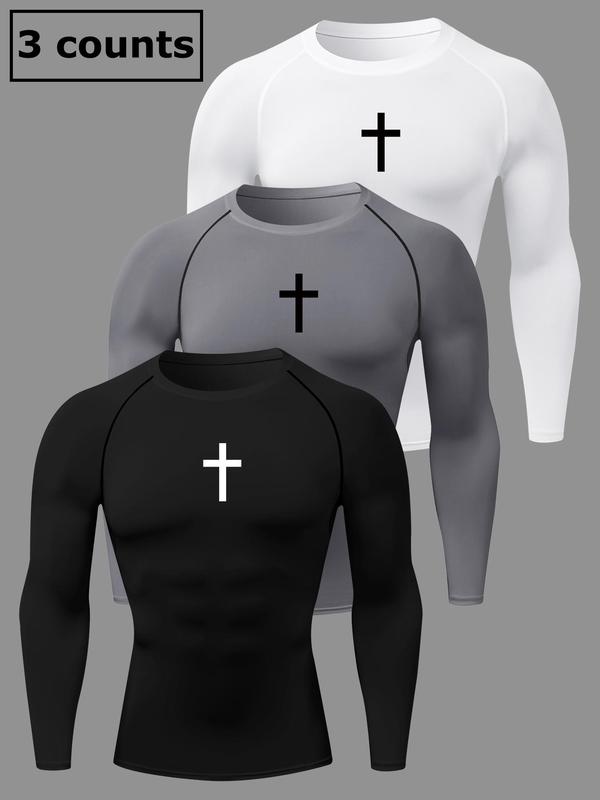 Men's Cross Print Round Neck Sports Tee, Tight Sporty Quick Drying Breathable Long Sleeve T-shirt, Men's Sportswear for Spring & Fall Gym Workout, Graphic Tees, Workout Clothes 8