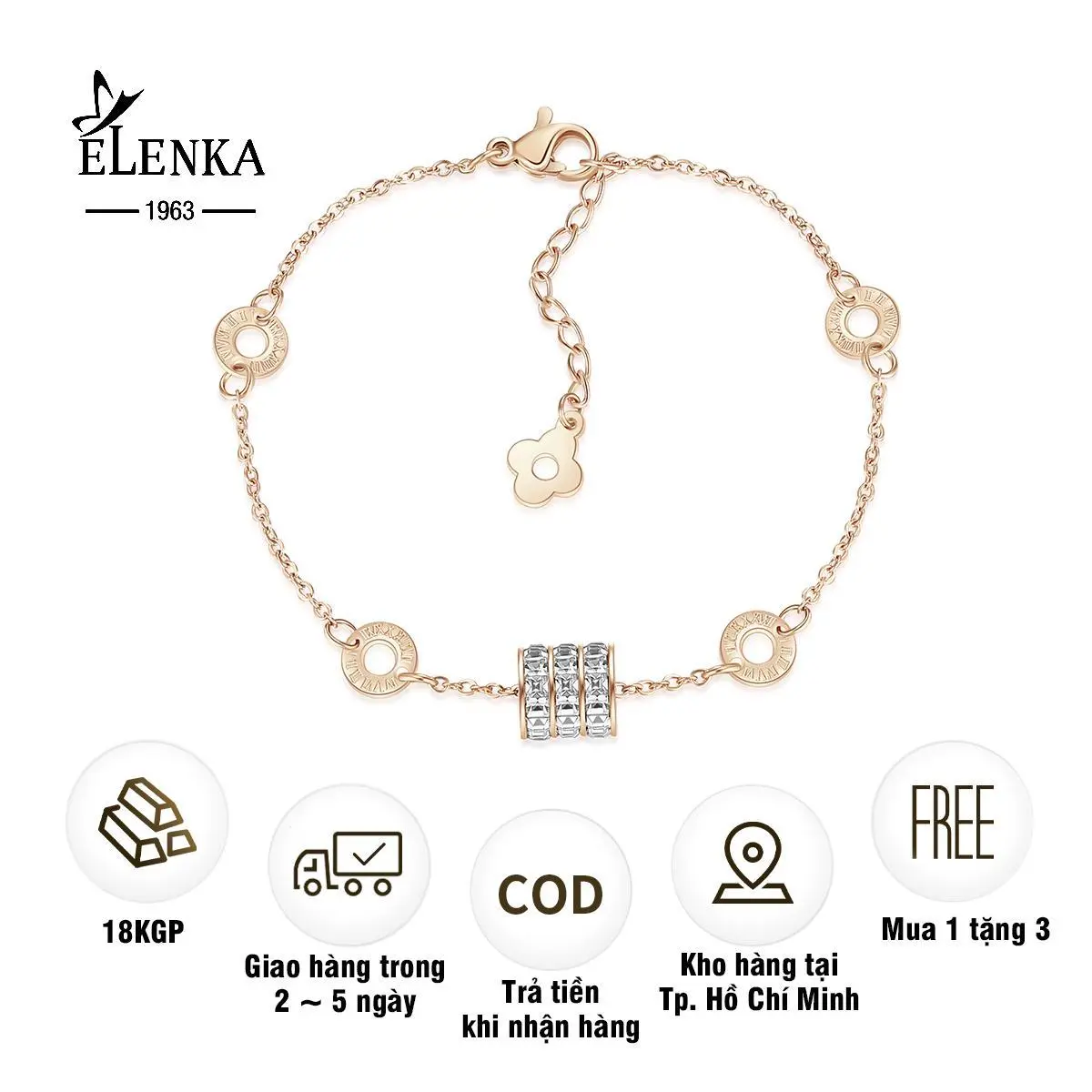 ELENKA - Lắc tay mạ vàng 18K cổ trụ số la mã không gỉ thiết kế thời trang