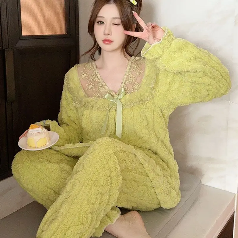 Đồ Ngủ, Dành Cho Phụ Nữ, Mùa Thu Và Mùa Đông, Jacquard Nhung, Lót Lông Cừu, Dày Dặn, Phong Cách Công Chúa, Ren, Đồ Mặc Nhà Nữ Mùa Đông, Hàng Mới Về 7