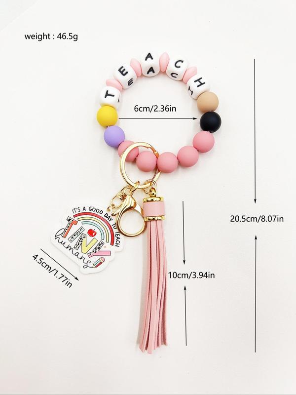 Creative Letter Pattern Tassel Decor Metal Keychain, Beaded Bracelet Decor Key Ring, Fashionable Keychain for Men & Women, Charms, Gifts for Her 7
