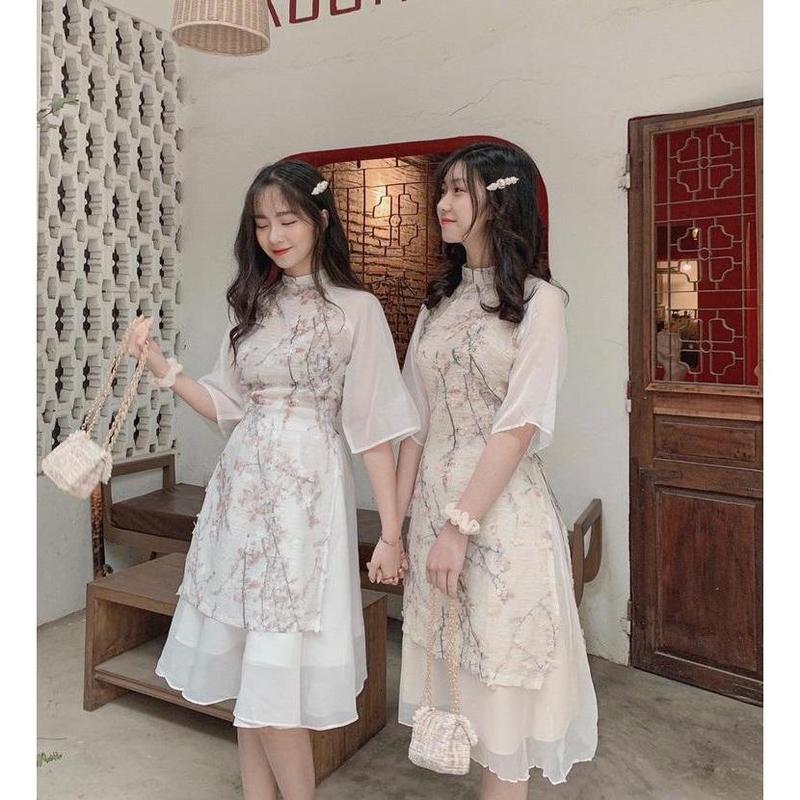 Áo Dài Cách Tân Vải Hoa Thêu Nổi Cao Cấp 2023 Dạo Phố Chụp Hình BY8495