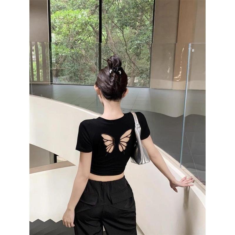 Áo Thun Ngắn Tay, Phong Cách Phương Tây Ngọt Ngào, Thiết Kế Xinh Xắn, Dành Cho Mùa Hè Của Phụ Nữ, Vai Rỗng Hình Bướm, Hở Lưng, Mỏng Vừa Vặn, Áo Ngắn 2