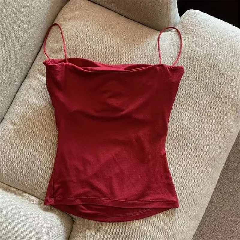 Áo Vest Hai Dây Xếp Ly Màu Đỏ Rượu Vang Gợi Cảm, Cô Gái Nóng Bỏng, Dành Cho Nữ, Áo Không Tay Mùa Hè, Có Dây Đeo Vai Mỏng, DDUN Top Women Kem 4