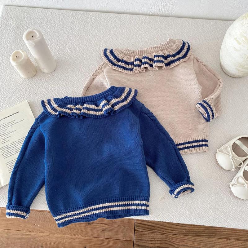 Product Introduction of Ins 2024 Autumn Baby Girls Knit Cardigan Sweater Lotus Collar Ruffle Line Collar Children Winter Solid Thicken Warm Knitwear Top 32
