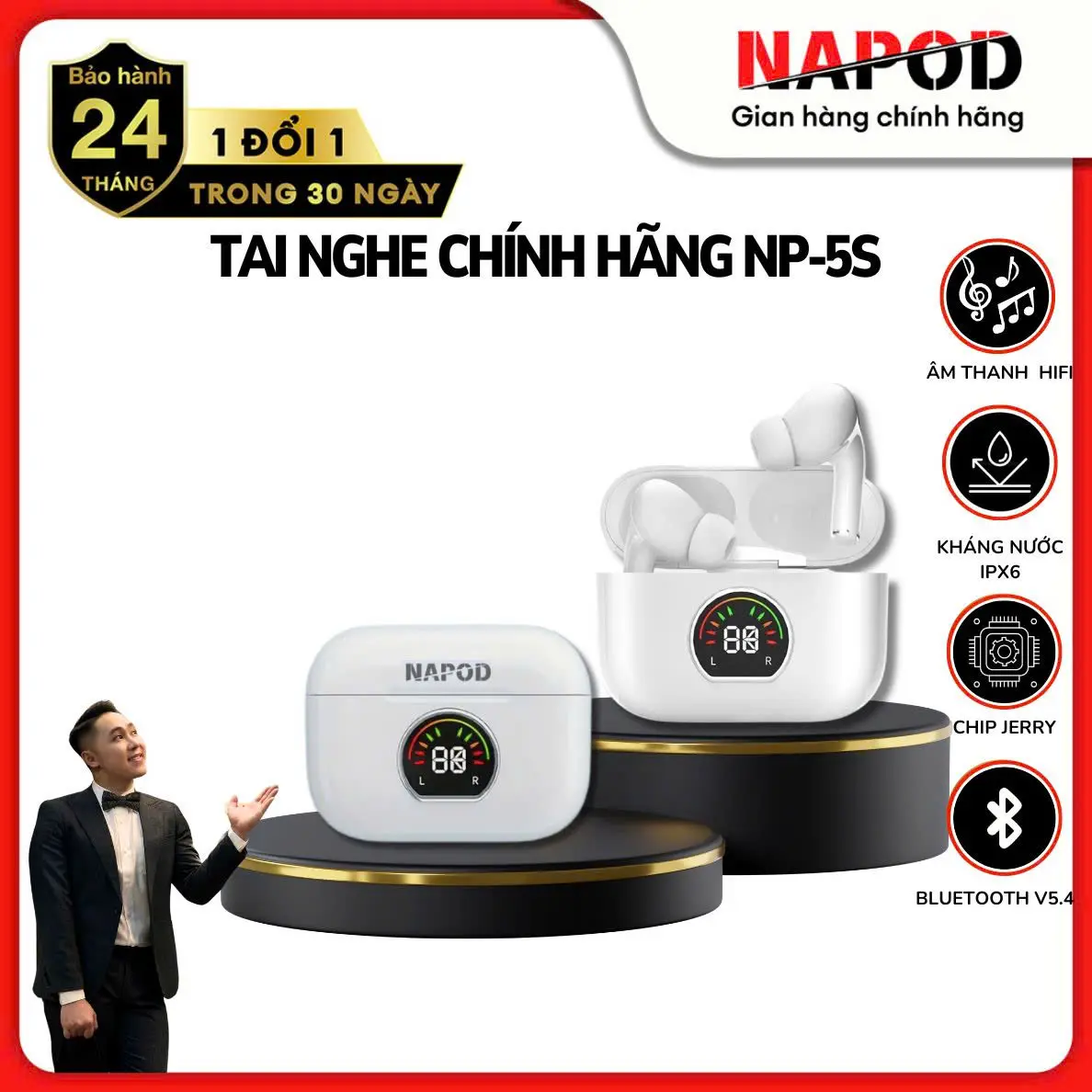 (VINHBANHBO) Tai nghe bluetooth nhét tai NP-5S chính hãng NAPOD kháng nước chống ồn nghe nhạc 3D tích hợp micro dàm thoại 2 chiều HD