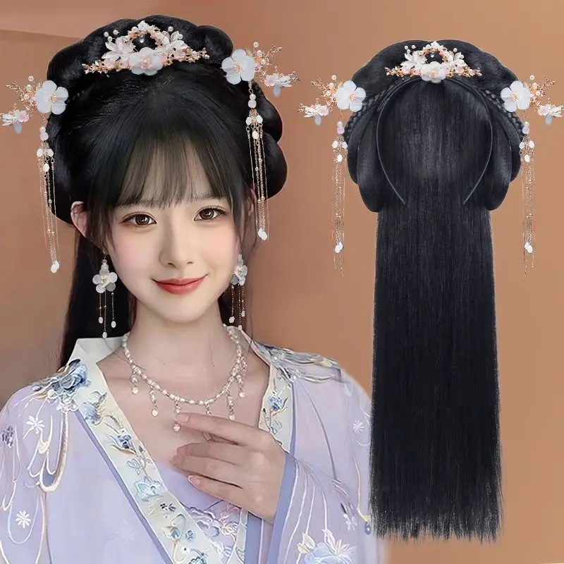 Tóc Giả Một Mảnh Băng Đô Hanfu, Tóc Giả Che Đầu Túi, Tóc Giả Lười, Thích Hợp Cho Người Khuyết Tật, Tóc Phong Cách Cổ Trang, Tóc Giả Dự Tiệc, Hình Dạng Đơn Giản Cho Người Mới