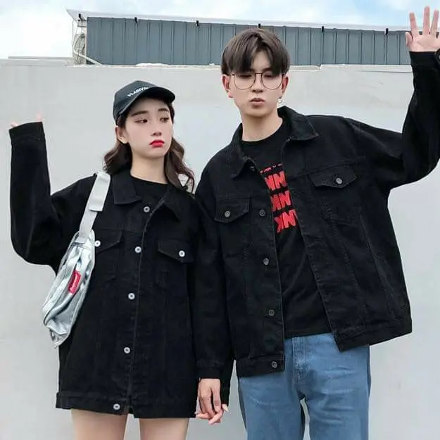 Áo khoác JEANS nam nữ màu Đen kiểu IN chữ AJ007, vải Denim dày co dãn không ra Màu Menswear Jacket Có Túi Có Cổ 8