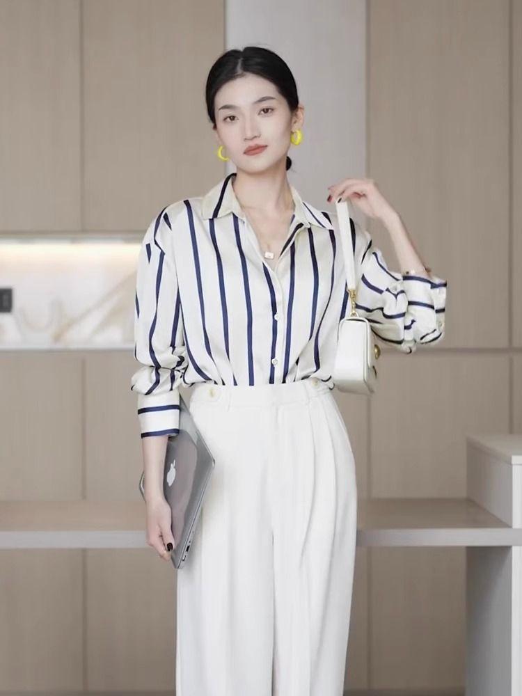 Product Introduction of Áo Sơ Mi Sọc, Hợp Xu hướng, Dành Cho Nữ, Mùa Xuân Và Mùa Thu, Hàng Mới Về 2024, Phong Cách Phương Tây, Áo Voan Đi Chơi Dễ Phối Đồ, Phong Cách Hồng Kông, Áo Trên Top Women Shirt Cổ Tròn 3