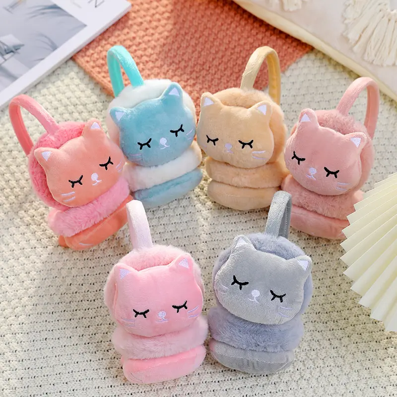Chụp tai giữ ấm mùa đông cho bé gái, bịt tai hình mèo nhắm mắt dễ thương sắc màu cho nữ (từ 3 tuổi)