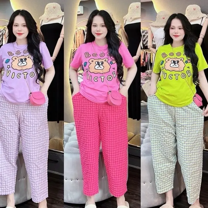 Sét bộ nữ in gấu boo chất cotton quần đũi năng động  trẻ  trung