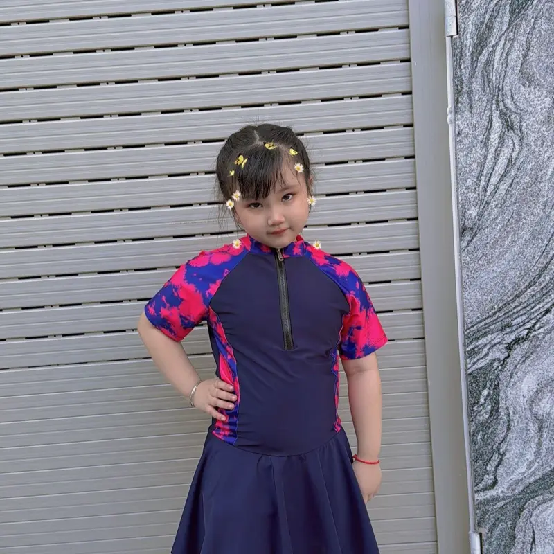 ( Có size Lớn )Đồ Bơi Bé gái  Váy Liền .Chống nắng co giản nhiều size .Ngắn Tay pha Tím Mẫu hót2025 7