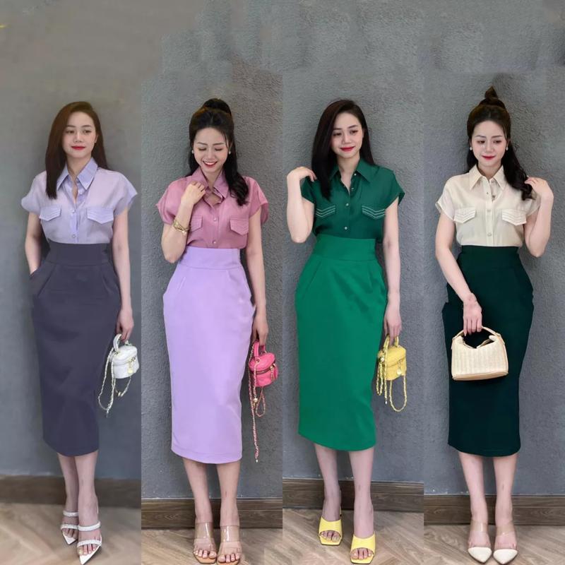 LUUFASHION Chân Váy Bút Chì Dài 75cm Che khuyết điểm tốt có túi chéo 2 bên xẻ phía sau